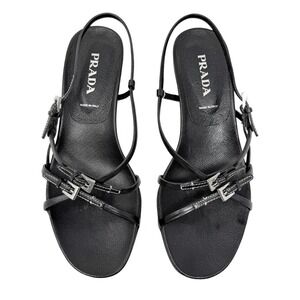 Prada Y2K Black Strappy Kitten Heel Sandals Slingback Buckle 37
